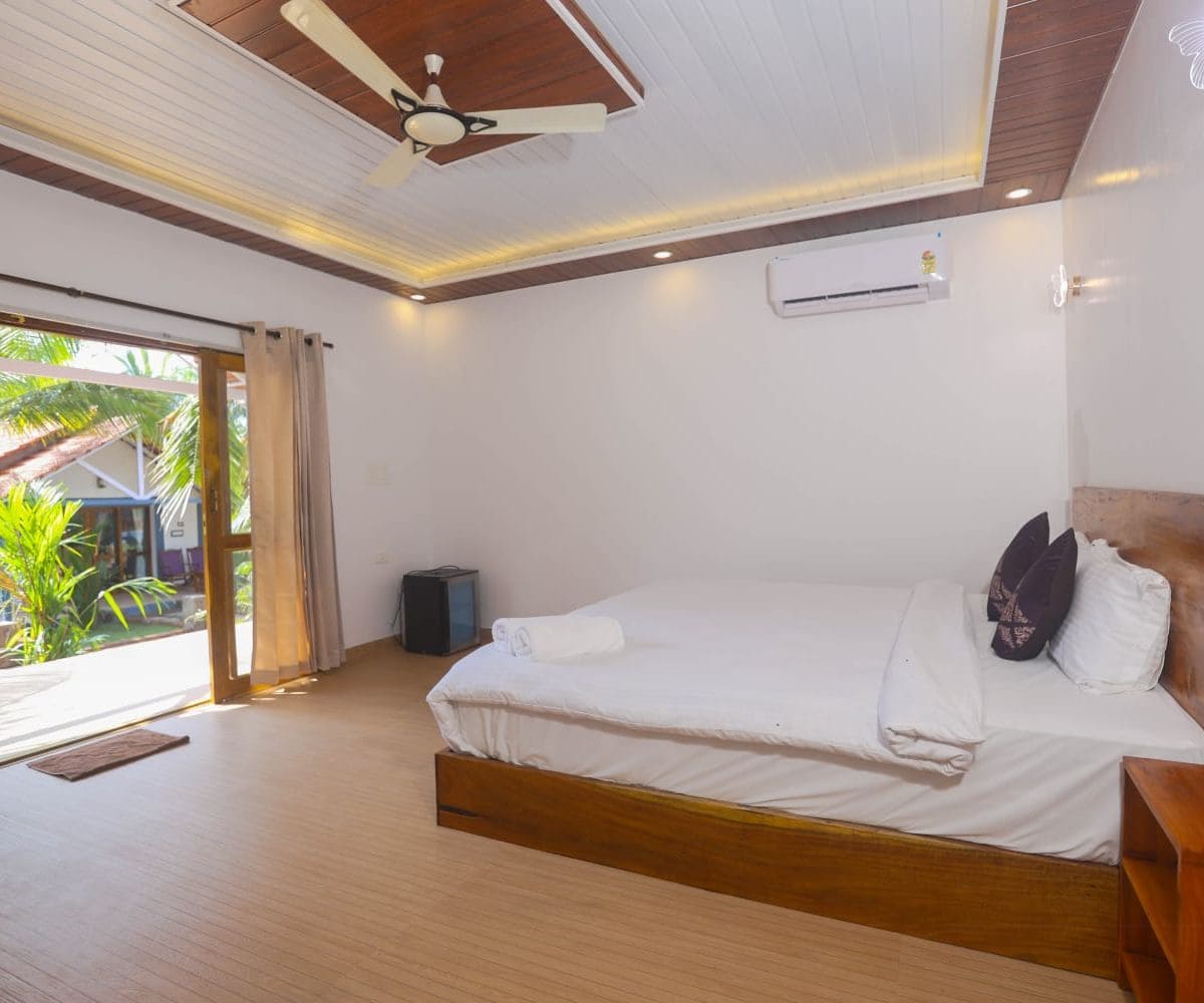 Spacious bedroom inside Luxury Chalet at boutique resort in Canacona South Goa