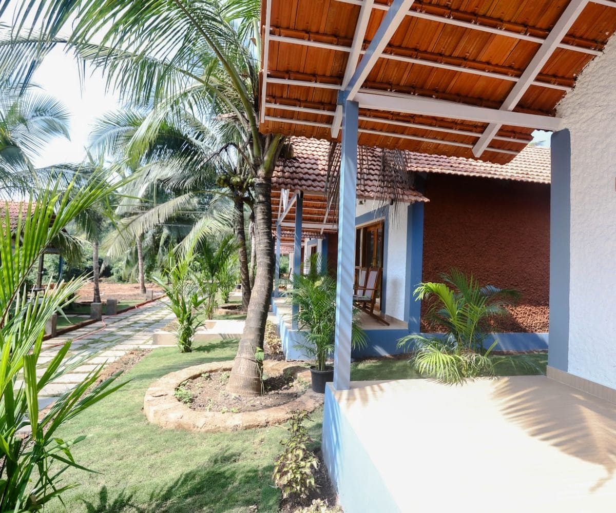 Comfortable living area inside Luxury Chalet at Blu Butterfly Resort in Agonda